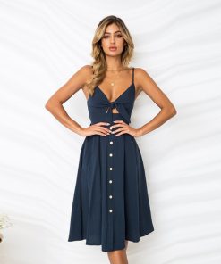 tLL6Red Spaghetti Strap Buttons Casual Dress Bow Backless Midi Vestidos Sexy Summer Women Dress 2020Sundress Female