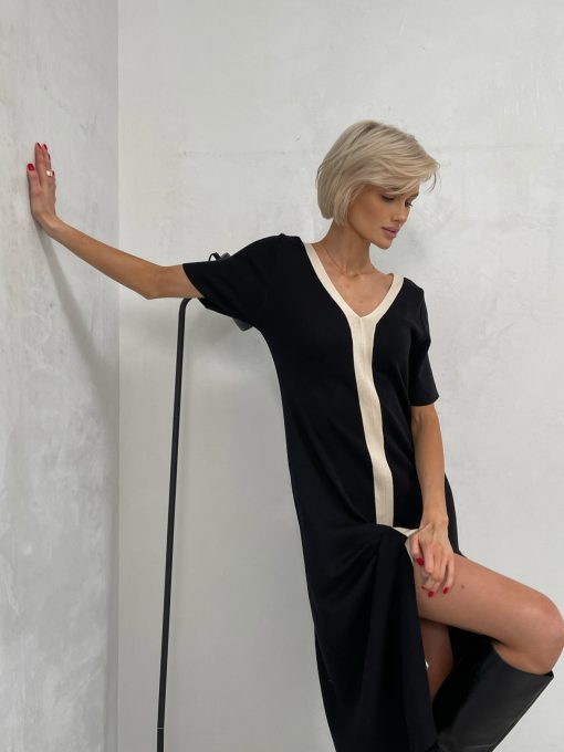 tPBYBlack White Casual Elegant Vintage Short Sleeve Long Dress Korean Fashion Style Knitted Slim Maxi Dresses