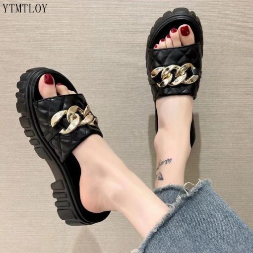 tf6J2021 New Ladies Slippers Sandals Thick Bottom Black Metal Chain Decorated Ytmtloy Zapatillas Mujer Casa Sliders