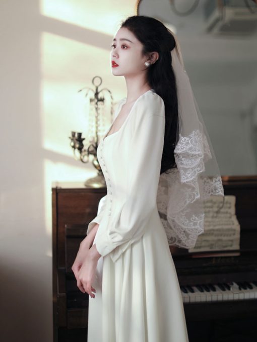 uJ38Summer new women s palace style retro square collar long sleeve dress party wedding dress bridesmaid