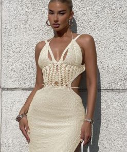 vHj7Cryptographic Knitted Cut Out Halter Sexy Backless Summer Beach Dress for Women Elegant Outfits Bandage Slit