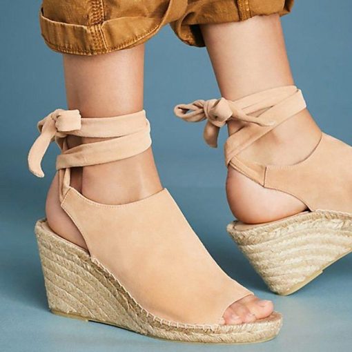 vZN8Ladies Shoes 2022 Woman Sandals Wedges Hemps Peep Toe Back Strap Platform High Heels Suede Leather