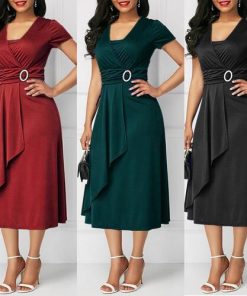 wYG3Plus Size Dress Elegant Women Solid Color Short Sleeve V Neck Asymmetric Hem Waist Tight Midi