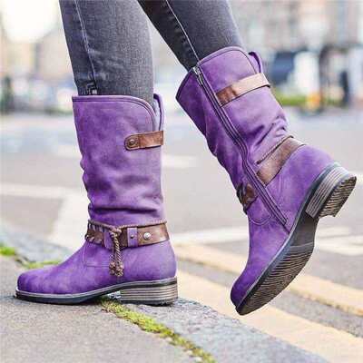 wy73Women Boots Winter Plus Velvet Warm Shoes Fashion Buckle Solid Color Mid Calf Boots Round Toe