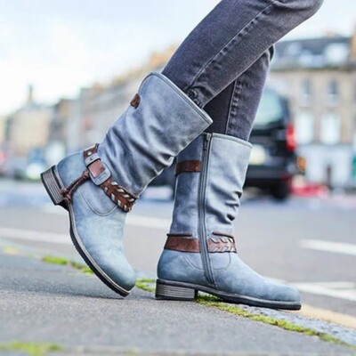 xlfCWomen Boots Winter Plus Velvet Warm Shoes Fashion Buckle Solid Color Mid Calf Boots Round Toe
