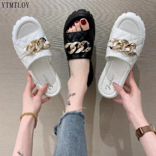yN9Z2021 New Ladies Slippers Sandals Thick Bottom Black Metal Chain Decorated Ytmtloy Zapatillas Mujer Casa Sliders
