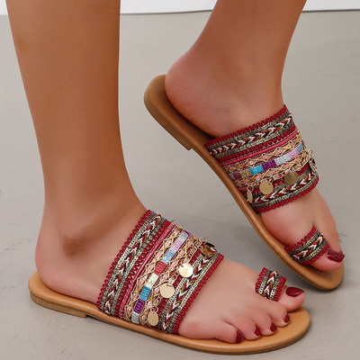 yhjYRimocy Women Flat Bohemian Sandals Summer Anti Slip Beach Flip Flops Woman Metal Decoration Clip Toe