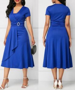 zT8uPlus Size Dress Elegant Women Solid Color Short Sleeve V Neck Asymmetric Hem Waist Tight Midi
