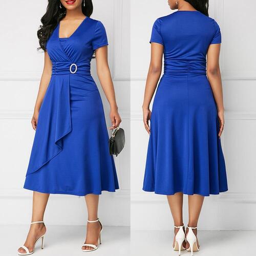 zT8uPlus Size Dress Elegant Women Solid Color Short Sleeve V Neck Asymmetric Hem Waist Tight Midi