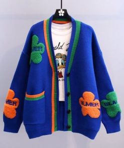 1QOrFashion Women Knitted Sweaters Coat Autumn Winter Korean Long Sleeve V Neck Pockets Button Cardigans Streetwear