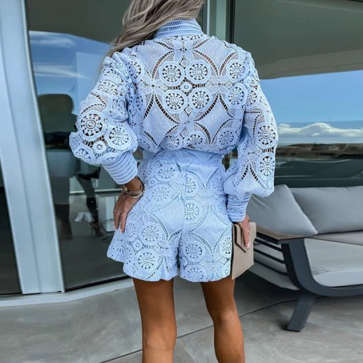 3KL9Spring Long Sleeve Shirt Embroidery Shorts Pants Suit Fashion Women Solid Office Matching Set Elegant Lace