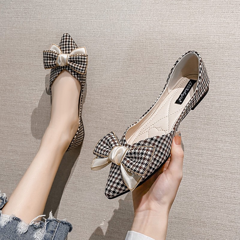 3qiyWomen Flats Plaid Bowknot Pointed Toe Small Size 31 32 33 34 Spring Summer Casual Shoes