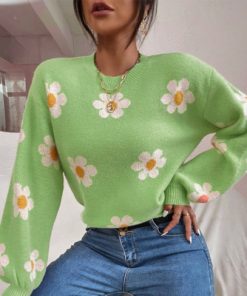 4kQDYEMOGGY Elegant Floral Knit Sweater Pullover for Women Fall Winter 2022 New Tops Casual Loose Long