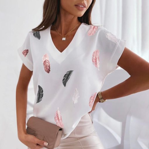 5svk3d Women s T shirts V Neck Summer Short Sleeve Tops Tees Feather Graphics Ladies Clothes