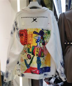 9efPFashion Hand Painted Character Graffiti Print Women Denim Jacket Spring Autumn Casual Hole Jeans Coat Female