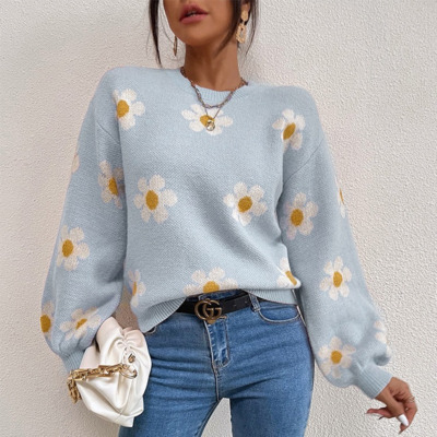 BpnmYEMOGGY Elegant Floral Knit Sweater Pullover for Women Fall Winter 2022 New Tops Casual Loose Long