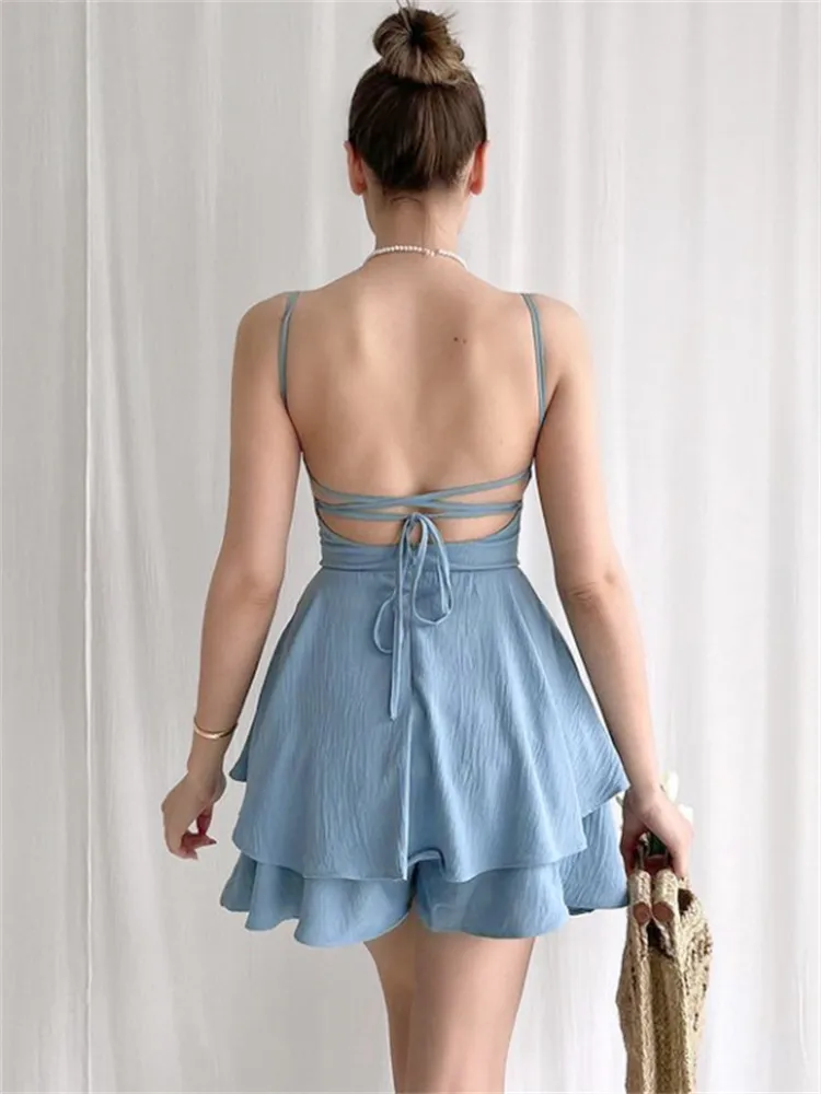 CHRONSTYLE Sexy Women Suspender Strap Playsuits Fashion Square Neck Tie up Backless Double layer Ruffles Short.jpg 3
