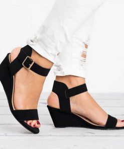 DXYaWomen s Wedge High Heel Sandals Summer 2022 New Buckle Fish Mouth Women s Flat Sandals