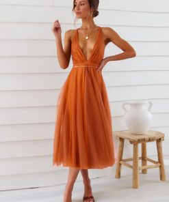 Dqur2022 Women s Summer Slip Dress Female Fashion Luxury Elegant Orange Sexy Mesh Backless Bridesmaid Night