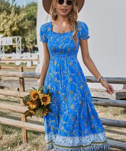 F9dhSummer Floral Long Dress Women Casual Ruffle Blue Short Sleeve Holiday Beach Dress Elegant Square Collar