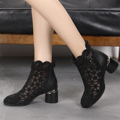 FF5K2022 Rhinestone Women Leather Mesh Boots Summer Shoes Pointed Toe Ankle Botas Thick Heel Hollow Out