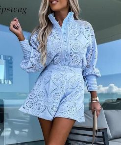 Spring Long Sleeve Shirt Embroidery Shorts Pants Suit Fashion Women Solid Office Matching Set Elegant Lace Hollow Two Piece Set