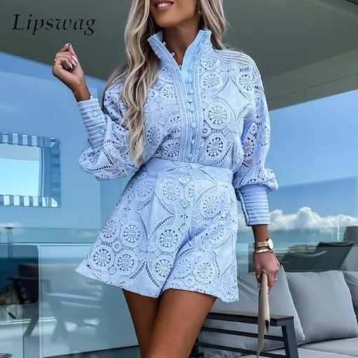 Spring Long Sleeve Shirt Embroidery Shorts Pants Suit Fashion Women Solid Office Matching Set Elegant Lace Hollow Two Piece Set