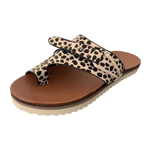 H52GSummer Sandals Women Fashion Casual Beach Outdoor Flip Flop Sandals Leopard Decoration Ladies Flat Shoes Big