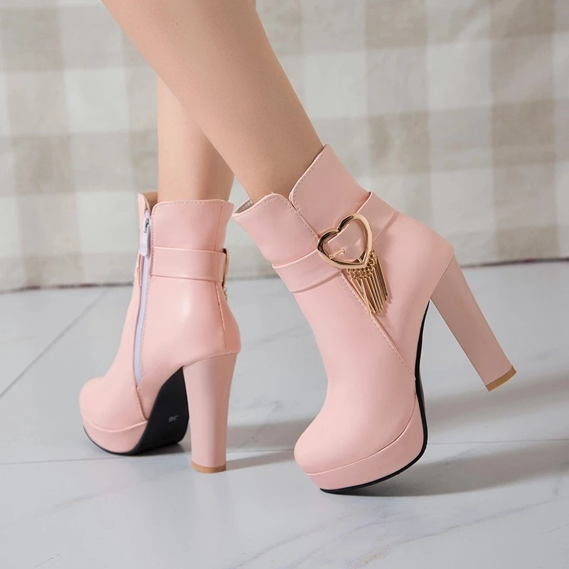 IGjqWomen s Ankle Boots Large Size Fashion Buckle High Heels Pink Autumn Winter White Ankle Boots
