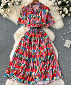 KkeLGagaok Maxi Dresses for Women 2022 Summer New Lapel High Street Diamonds Print Midi Dress Fashion