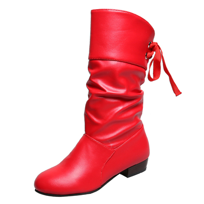 KrfhPlus Size 35 43 Women Middle calf Boots Back Lace Up Low Heels Winter Shoes Black