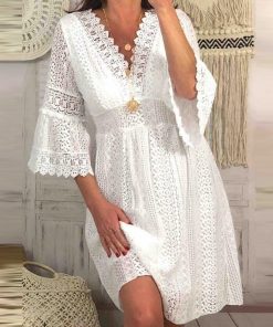KsW72023 New Spring V Neck Embroidery Lace Dress Women Sexy Solid Hollow Office Mini Dress Summer