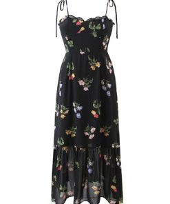 Summer Fashion Women French Style Floral Print Sling Chiffon Dress Vintage Black Female Midi Robe Prairie Chic Vestido