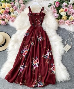 LByoVintage Boho Button Sexy Spaghetti Strap Floral Print Midi long Dress Summer Party Women Elegant Tunic