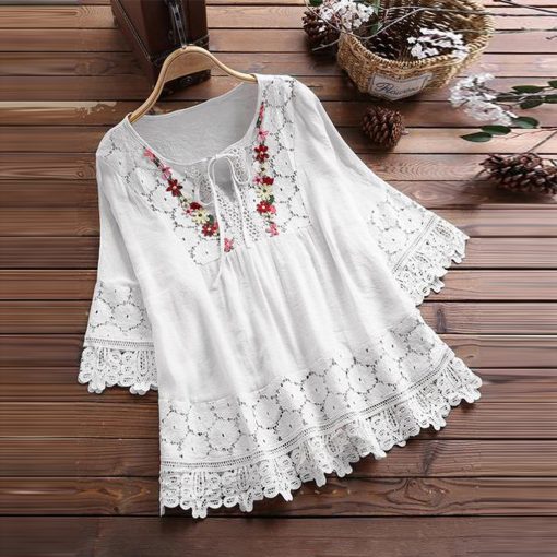 LC1i3 4XL Loose Lace Trim Blouses Women Floral Embroidery Bow Shirts Casual V Neck Three Quarter