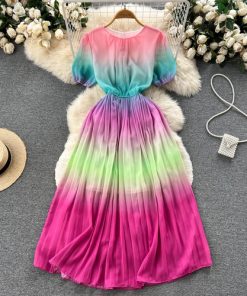 LbitNeploe O Neck Puff Sleeve Pleated Slim Waist Dress Changing Color Design Sense Robe Korean Summer