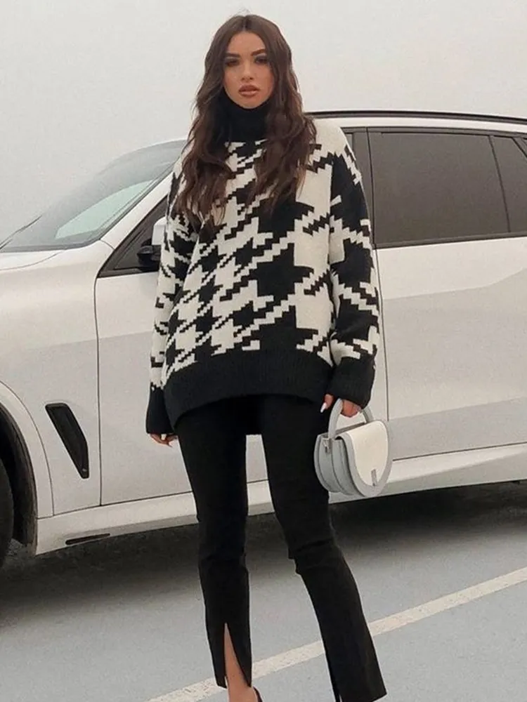 Long Sweater Dress Autumn Winter Fashion Houndstooth Black Turtleneck Long Sleeve Knit Pullover Tops Clothes For.jpg 2