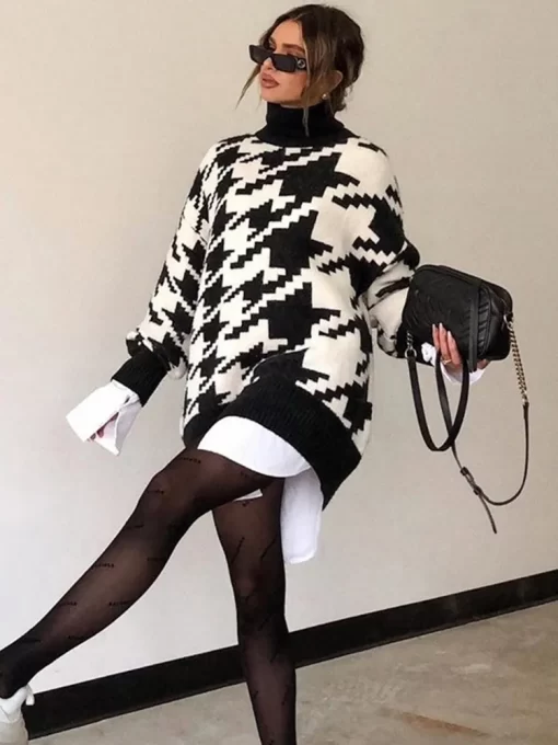 Long Sweater Dress Autumn Winter Fashion Houndstooth Black Turtleneck Long Sleeve Knit Pullover Tops Clothes For.jpg 4