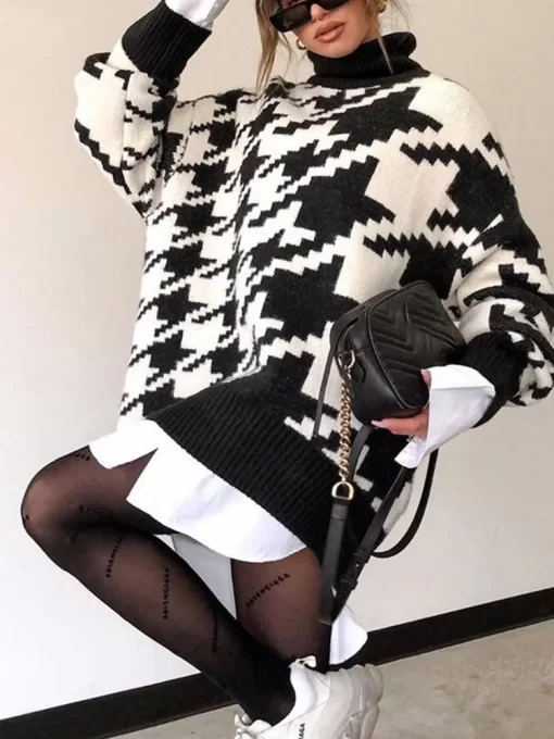 Long Sweater Dress Autumn Winter Fashion Houndstooth Black Turtleneck Long Sleeve Knit Pullover Tops Clothes For.jpg