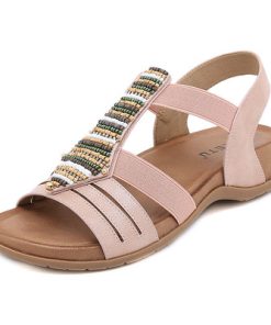 MGZASummer Shoes Women Sandals Flat Bohemian Beach Sandals Ladies Summer Holiday Shoes Pink Black A4608