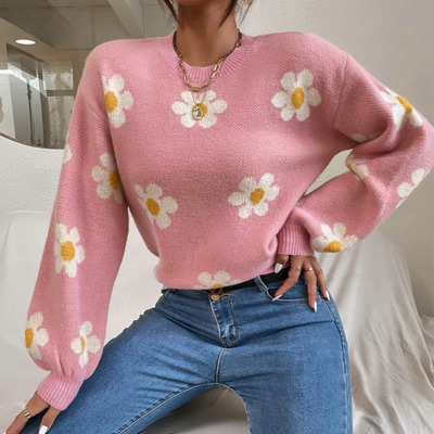 MbKEYEMOGGY Elegant Floral Knit Sweater Pullover for Women Fall Winter 2022 New Tops Casual Loose Long