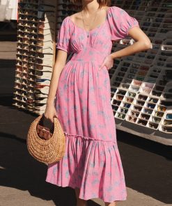 Mo1oJastie Women Dresses Fashion 2022 V Neck Plaid Stripe Floral Print Stitching Ruffle Midi Dress Summer
