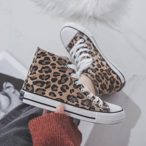 NOWMNew Leopard Print High Top Canvas Shoes Harajuku Sneakers Fashion New Lace up All match Flat
