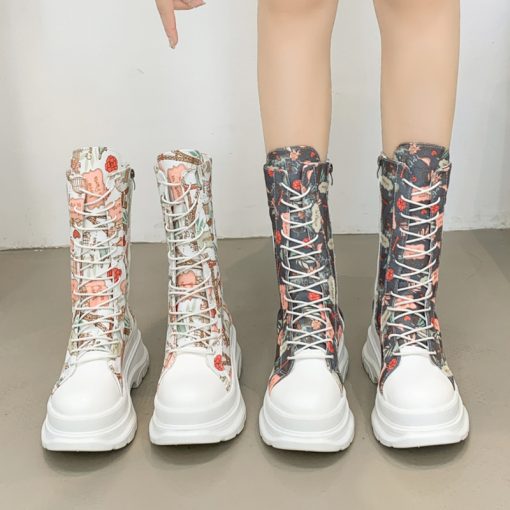 O6a3Rimocy 2022 Design Print Canvas Boots Women Autumn Chunky Platform Mid Calf Boots Woman Fashion Lace