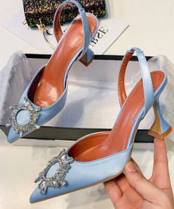 PflyBig Size 41 42 Blue Women Pumps Silk Satin Pointy Toe Rhinestone Crystal High Heels Shoes