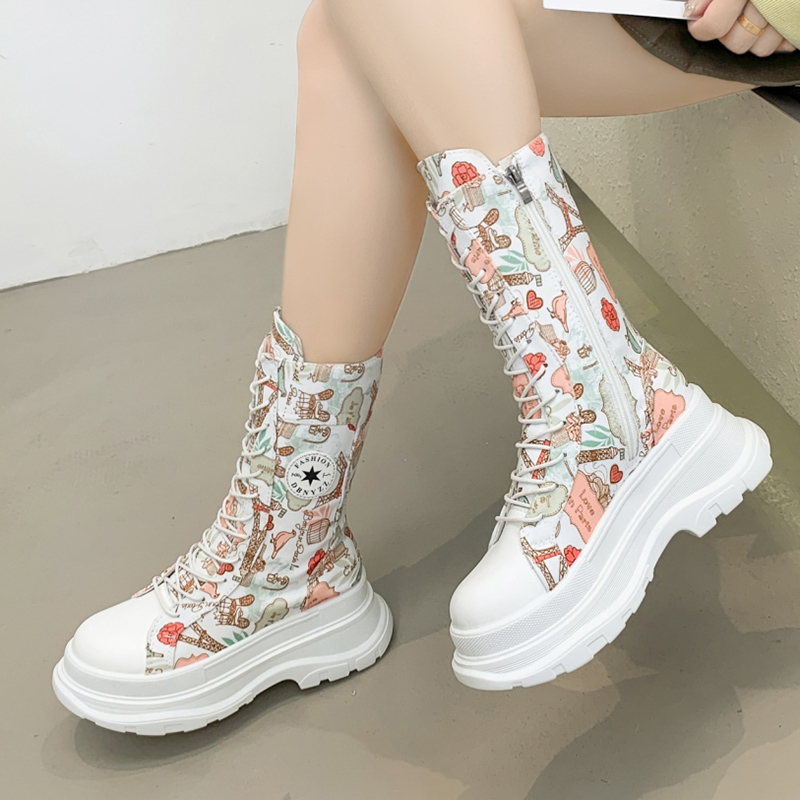 Q1Q7Rimocy 2022 Design Print Canvas Boots Women Autumn Chunky Platform Mid Calf Boots Woman Fashion Lace