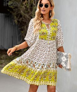 RVuHElegant and Chic Fixed Pattern Design Short Lanten Sleeve Bohemian Dress for Women Summer Vacation Home