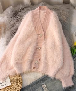 RguaPink Faux Mink Cashmere Sweater Coat Short Women s Cardigan Autumn Winter Puff Sleeve knitted jackets