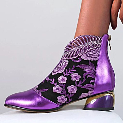 SJFB2022 Autumn Comfortable Thick Heel Short Boots Fashion Spring Women Embroidered Flower Rhinestone Zipper Low Ankle