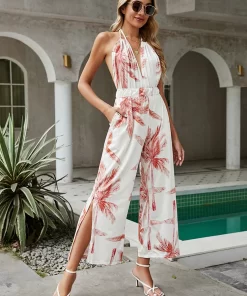 Sexy Long Jumpsuits Women Fashion Backless Sleeveless Lace up Romper Elegant White Print Wide Leg Slit.jpg (3)